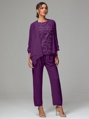 3 Pieces Chiffon Lace Long Sleeves Mother Of The Bride Dress Pants Suits