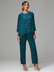 3 Pieces Chiffon Lace Long Sleeves Mother Of The Bride Dress Pants Suits