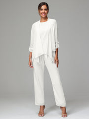 3 Pieces Chiffon Lace Long Sleeves Mother Of The Bride Dress Pants Suits