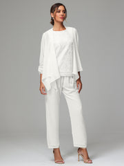 3 Pieces Chiffon Lace Long Sleeves Mother Of The Bride Dress Pants Suits