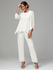 3 Pieces Chiffon Lace Long Sleeves Mother Of The Bride Dress Pants Suits