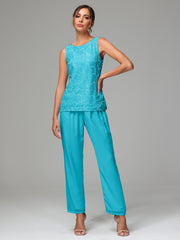 3 Pieces Chiffon Lace Long Sleeves Mother Of The Bride Dress Pants Suits