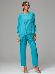 3 Pieces Chiffon Lace Long Sleeves Mother Of The Bride Dress Pants Suits
