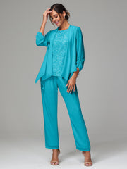 3 Pieces Chiffon Lace Long Sleeves Mother Of The Bride Dress Pants Suits