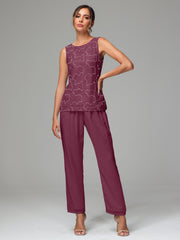 3 Pieces Chiffon Lace Long Sleeves Mother Of The Bride Dress Pants Suits