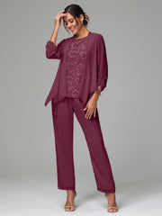 3 Pieces Chiffon Lace Long Sleeves Mother Of The Bride Dress Pants Suits