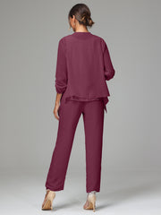 3 Pieces Chiffon Lace Long Sleeves Mother Of The Bride Dress Pants Suits