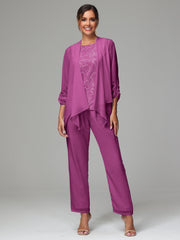 3 Pieces Chiffon Lace Long Sleeves Mother Of The Bride Dress Pants Suits