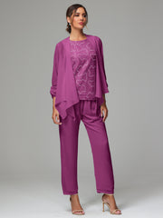 3 Pieces Chiffon Lace Long Sleeves Mother Of The Bride Dress Pants Suits