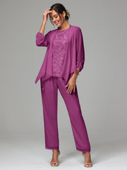 3 Pieces Chiffon Lace Long Sleeves Mother Of The Bride Dress Pants Suits