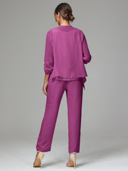 3 Pieces Chiffon Lace Long Sleeves Mother Of The Bride Dress Pants Suits