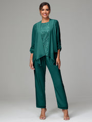 3 Pieces Chiffon Lace Long Sleeves Mother Of The Bride Dress Pants Suits