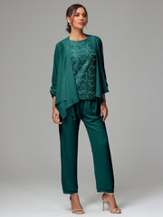 3 Pieces Chiffon Lace Long Sleeves Mother Of The Bride Dress Pants Suits