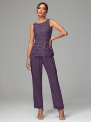 3 Pieces Chiffon Lace Long Sleeves Mother Of The Bride Dress Pants Suits