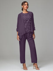 3 Pieces Chiffon Lace Long Sleeves Mother Of The Bride Dress Pants Suits