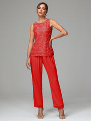 3 Pieces Chiffon Lace Long Sleeves Mother Of The Bride Dress Pants Suits