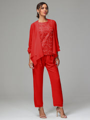 3 Pieces Chiffon Lace Long Sleeves Mother Of The Bride Dress Pants Suits