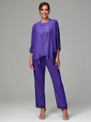 3 Pieces Chiffon Lace Long Sleeves Mother Of The Bride Dress Pants Suits