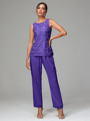 3 Pieces Chiffon Lace Long Sleeves Mother Of The Bride Dress Pants Suits