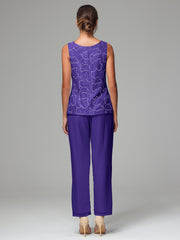 3 Pieces Chiffon Lace Long Sleeves Mother Of The Bride Dress Pants Suits