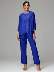 3 Pieces Chiffon Lace Long Sleeves Mother Of The Bride Dress Pants Suits