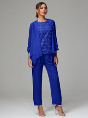 3 Pieces Chiffon Lace Long Sleeves Mother Of The Bride Dress Pants Suits
