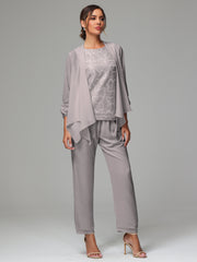 3 Pieces Chiffon Lace Long Sleeves Mother Of The Bride Dress Pants Suits