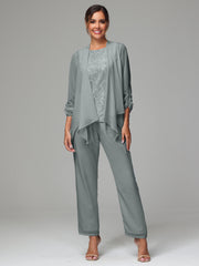 3 Pieces Chiffon Lace Long Sleeves Mother Of The Bride Dress Pants Suits