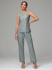 3 Pieces Chiffon Lace Long Sleeves Mother Of The Bride Dress Pants Suits