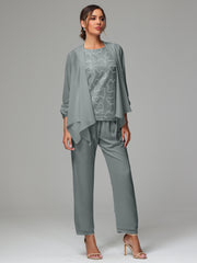 3 Pieces Chiffon Lace Long Sleeves Mother Of The Bride Dress Pants Suits