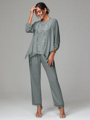 3 Pieces Chiffon Lace Long Sleeves Mother Of The Bride Dress Pants Suits