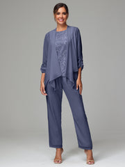 3 Pieces Chiffon Lace Long Sleeves Mother Of The Bride Dress Pants Suits