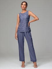 3 Pieces Chiffon Lace Long Sleeves Mother Of The Bride Dress Pants Suits