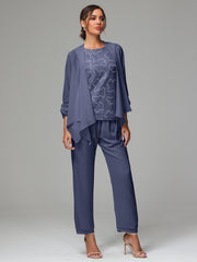 3 Pieces Chiffon Lace Long Sleeves Mother Of The Bride Dress Pants Suits