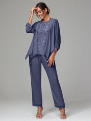 3 Pieces Chiffon Lace Long Sleeves Mother Of The Bride Dress Pants Suits