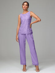 3 Pieces Chiffon Lace Long Sleeves Mother Of The Bride Dress Pants Suits