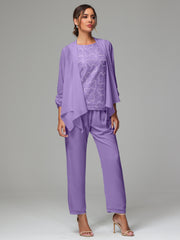 3 Pieces Chiffon Lace Long Sleeves Mother Of The Bride Dress Pants Suits