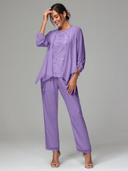 3 Pieces Chiffon Lace Long Sleeves Mother Of The Bride Dress Pants Suits