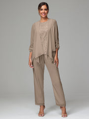 3 Pieces Chiffon Lace Long Sleeves Mother Of The Bride Dress Pants Suits
