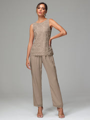 3 Pieces Chiffon Lace Long Sleeves Mother Of The Bride Dress Pants Suits