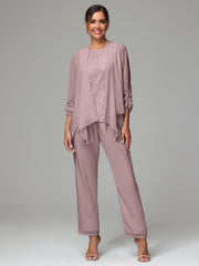 3 Pieces Chiffon Lace Long Sleeves Mother Of The Bride Dress Pants Suits