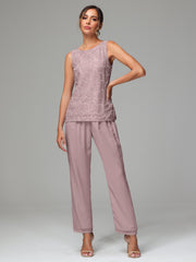 3 Pieces Chiffon Lace Long Sleeves Mother Of The Bride Dress Pants Suits