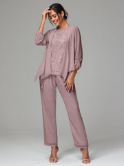 3 Pieces Chiffon Lace Long Sleeves Mother Of The Bride Dress Pants Suits