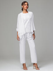 3 Pieces Chiffon Lace Long Sleeves Mother Of The Bride Dress Pants Suits