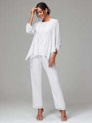 3 Pieces Chiffon Lace Long Sleeves Mother Of The Bride Dress Pants Suits