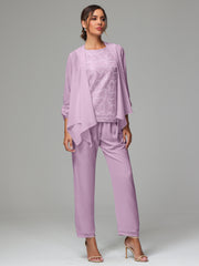 3 Pieces Chiffon Lace Long Sleeves Mother Of The Bride Dress Pants Suits