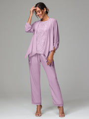 3 Pieces Chiffon Lace Long Sleeves Mother Of The Bride Dress Pants Suits