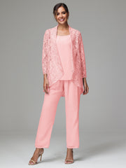 3 Pieces Delicate Chiffon Lace Mother of Bride Dress Pant Suits