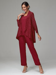 3 Pieces Delicate Chiffon Lace Mother of Bride Dress Pant Suits