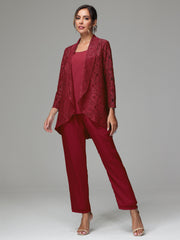 3 Pieces Delicate Chiffon Lace Mother of Bride Dress Pant Suits